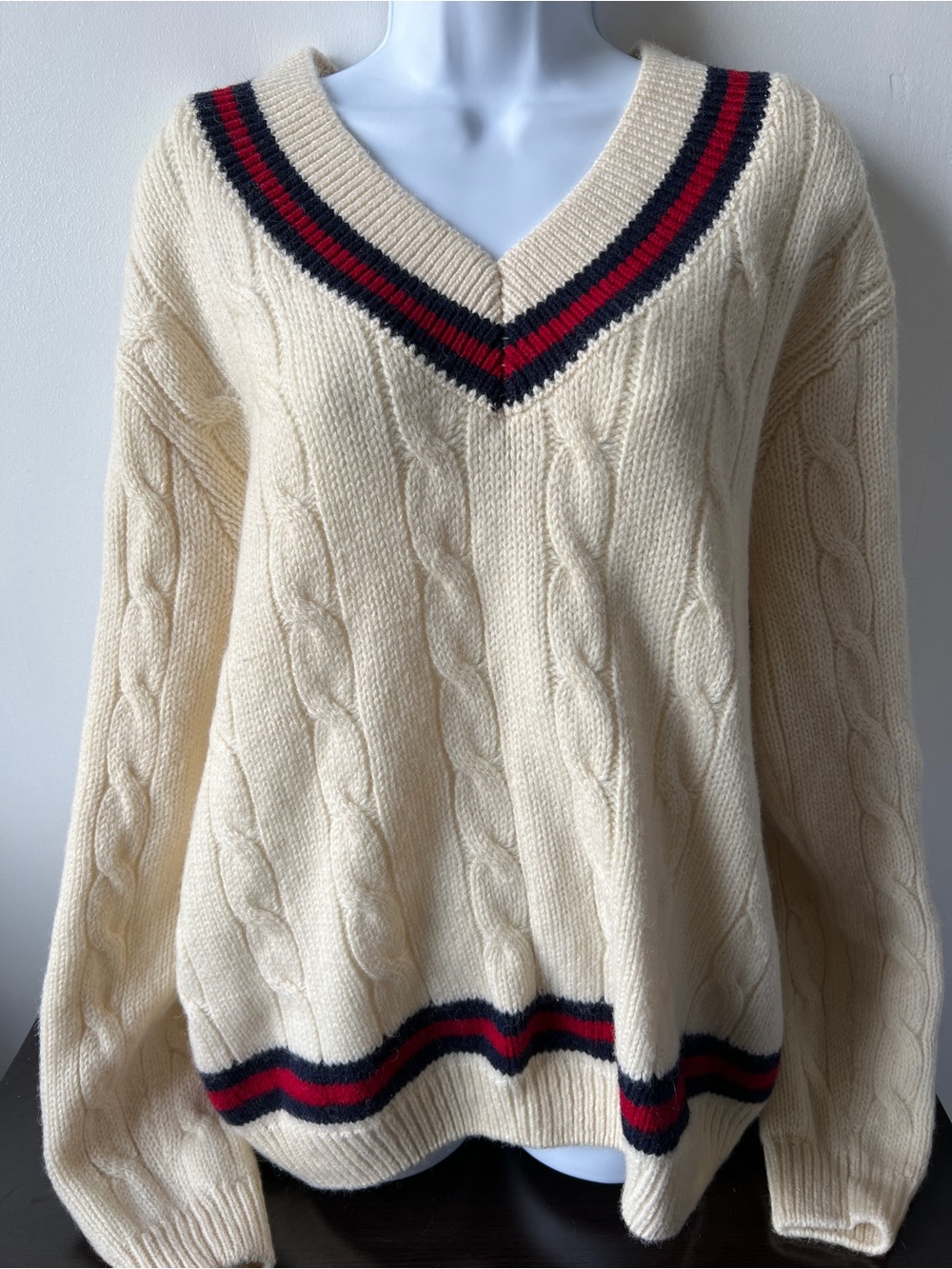 Brandy Melville Cream Cable V-Neck Sweater with Navy & Red Trim